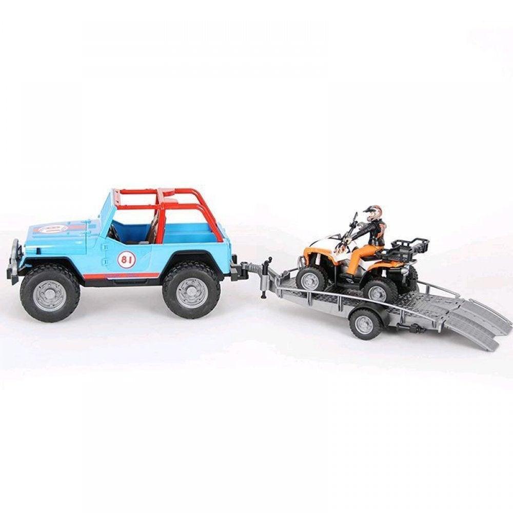 Bruder Blue Jeep Racing Car with Trailer, Quad Bike and Driver - TOYBOX Toy Shop