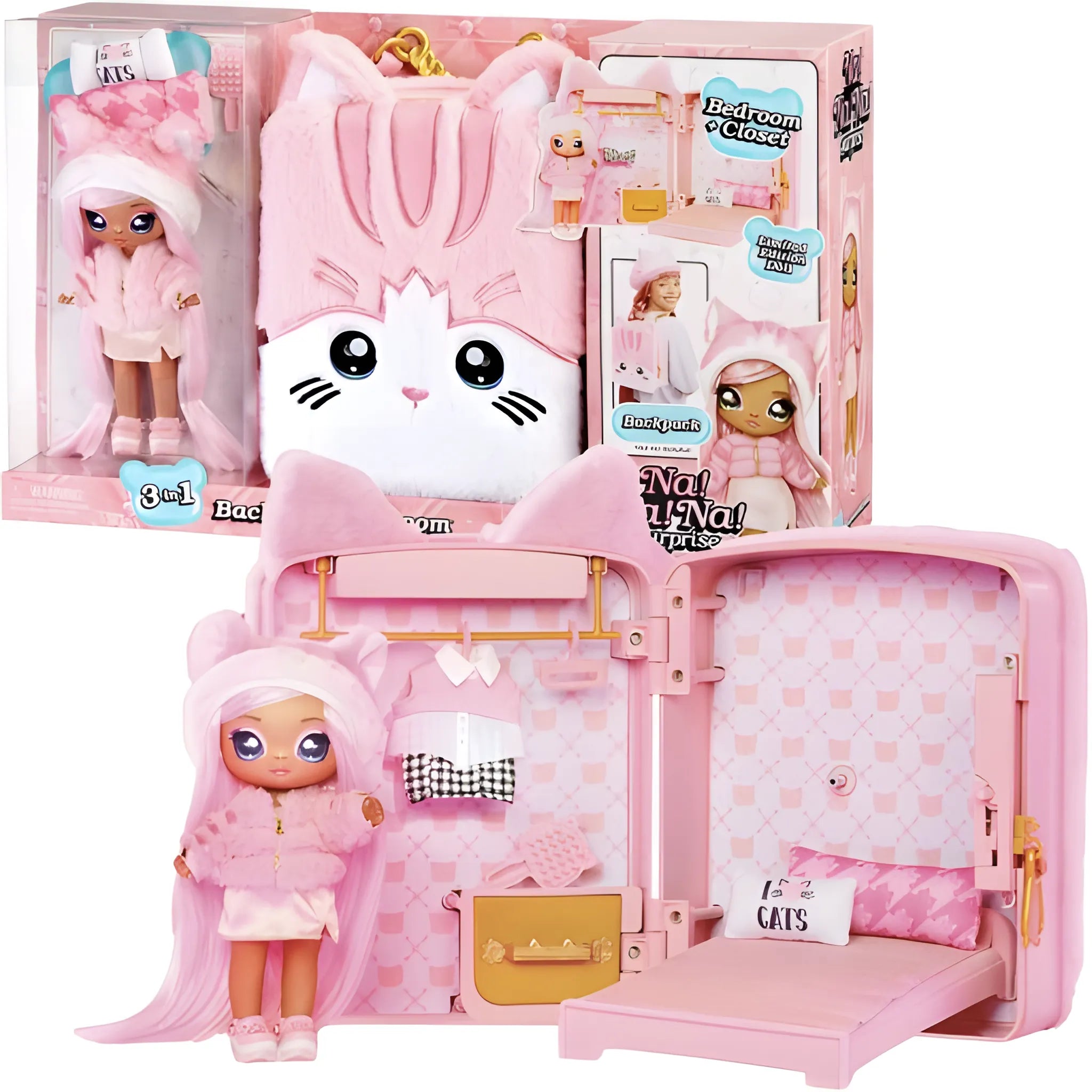 Na Na Na Surprise 3 in 1 Backpack Bedroom Pink Kitty Playset