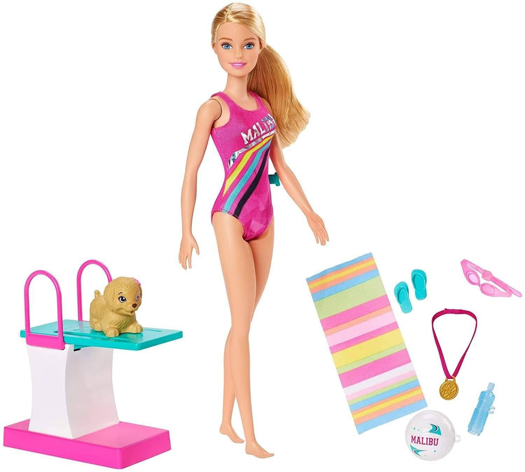 Barbie Dreamhouse Adventures Swim 'n Dive Doll, 11.5-inch in Swimwear, with Diving Board and Puppy - TOYBOX Toy Shop Cyprus