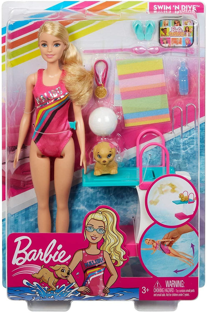 Barbie Dreamhouse Adventures Swim 'n Dive Doll, 11.5-inch in Swimwear, with Diving Board and Puppy - TOYBOX Toy Shop Cyprus