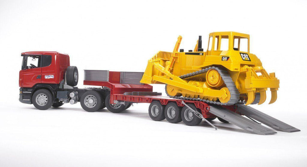 BRUDER 03555 Scania R-Series Low Loader Truck With Cat Bulldozer - TOYBOX Toy Shop