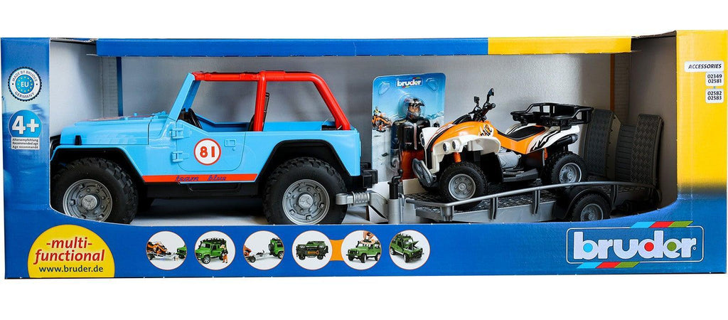 Bruder Blue Jeep Racing Car with Trailer, Quad Bike and Driver - TOYBOX