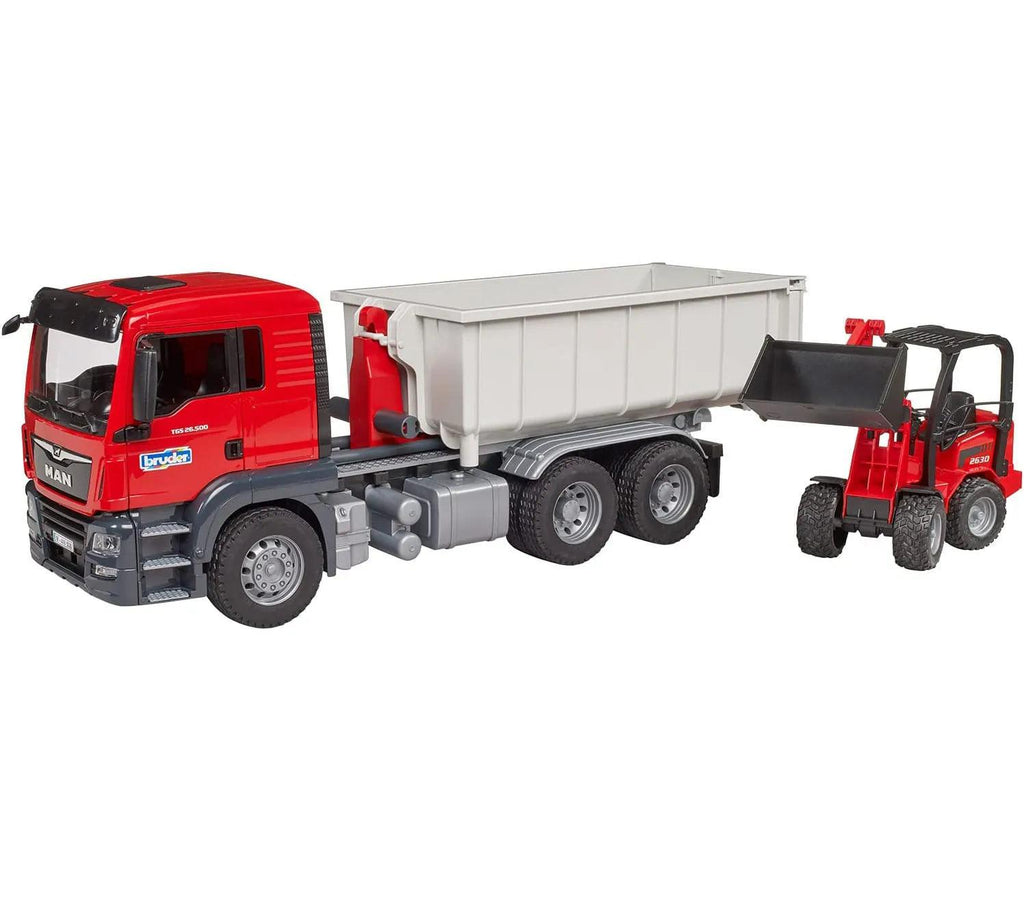 BRUDER MAN TGS Truck With Roll-Off Container And Schäffer Yard Loader - TOYBOX