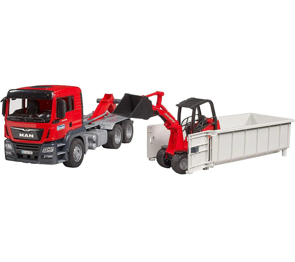 BRUDER MAN TGS Truck With Roll-Off Container And Schäffer Yard Loader - TOYBOX Toy Shop