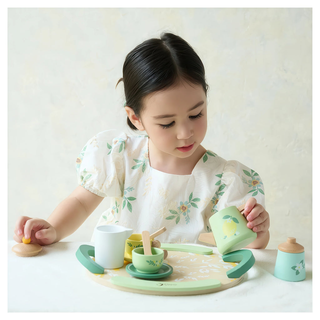 Classic World Wooden Vintage Tea Set with Serving