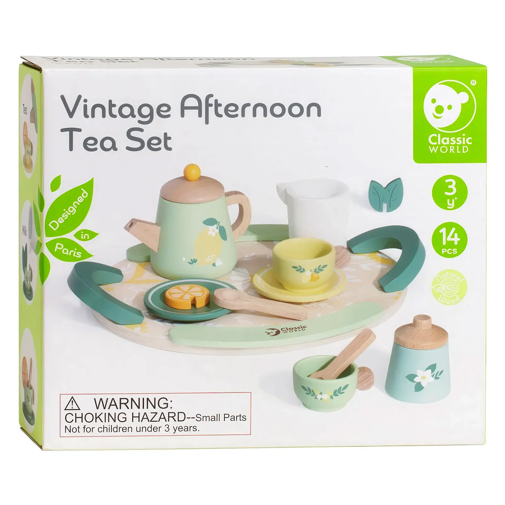 Classic World Wooden Vintage Tea Set with Serving