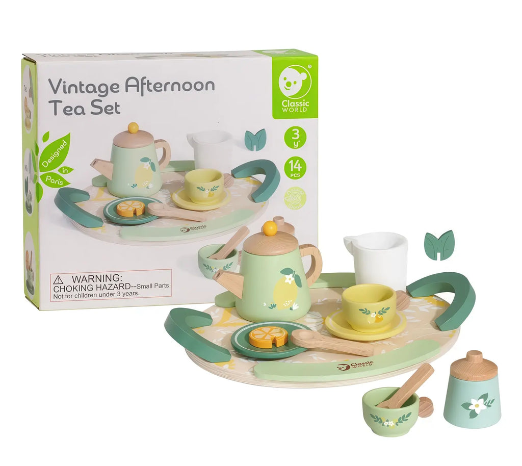 Classic World Wooden Vintage Tea Set with Serving