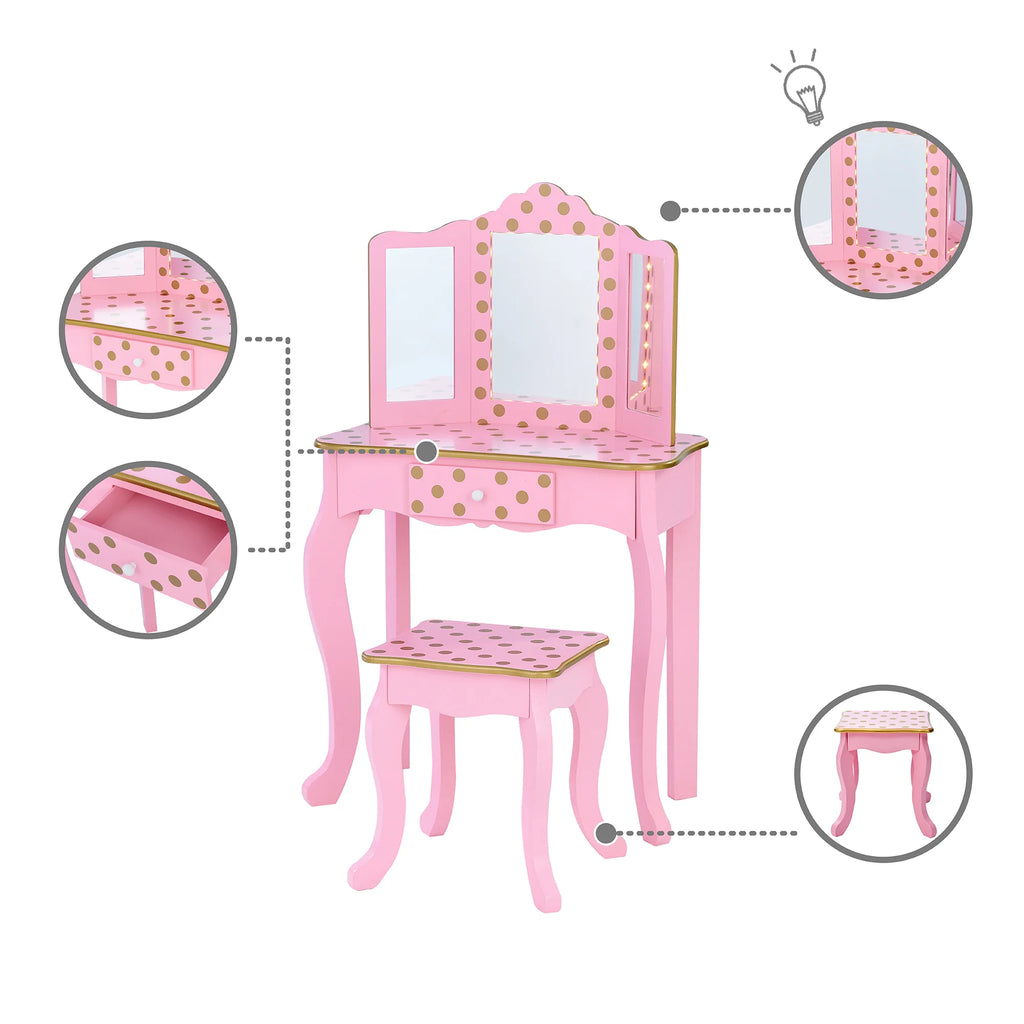 Teamson Fantasy Fields Kids Dressing Table & Stool, Vanity Set with LED Lights - Pink/Gold - TOYBOX Toy Shop