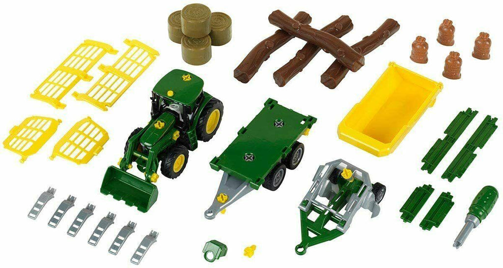 Klein John Deere 6215R Tractor with Wood and Hay Cart Trailer - TOYBOX Toy Shop