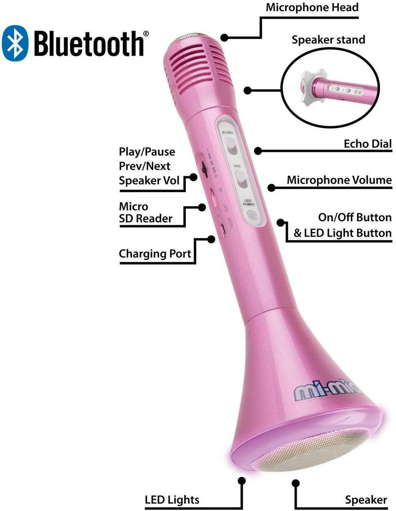 MI-MIC Karaoke Microphone Speaker with Wireless Bluetooth and LED Lights, Pink - TOYBOX Toy Shop