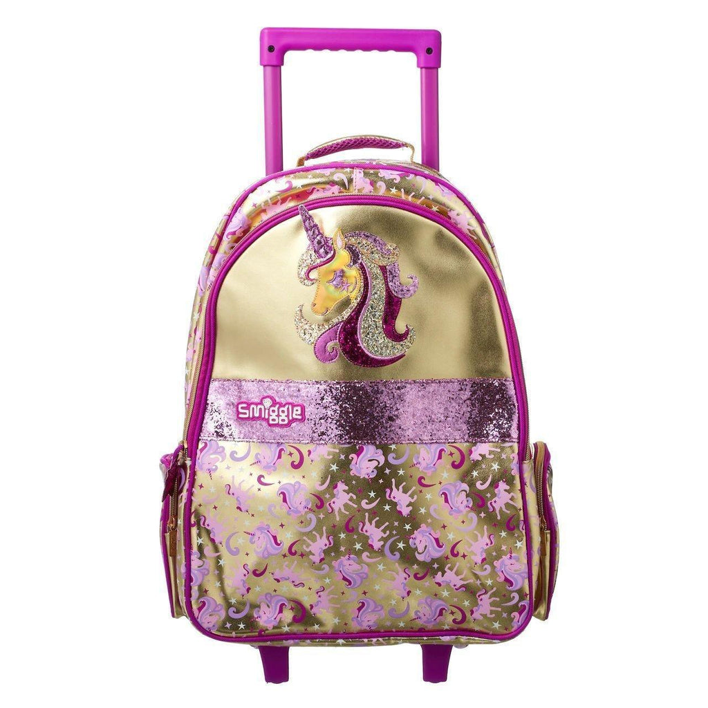 SMIGGLE Gold Trolley Backpack With Unicorn Motif and Light Up Wheels - TOYBOX Toy Shop