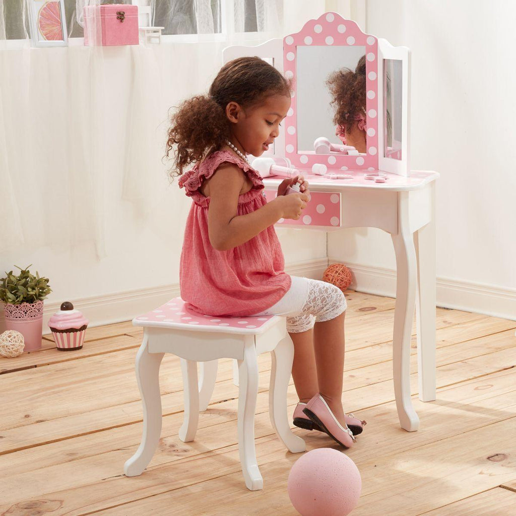 Teamson USA TD-11670F Fashion Polka Dot Prints Gisele Toy Vanity Set - Pink / White - TOYBOX